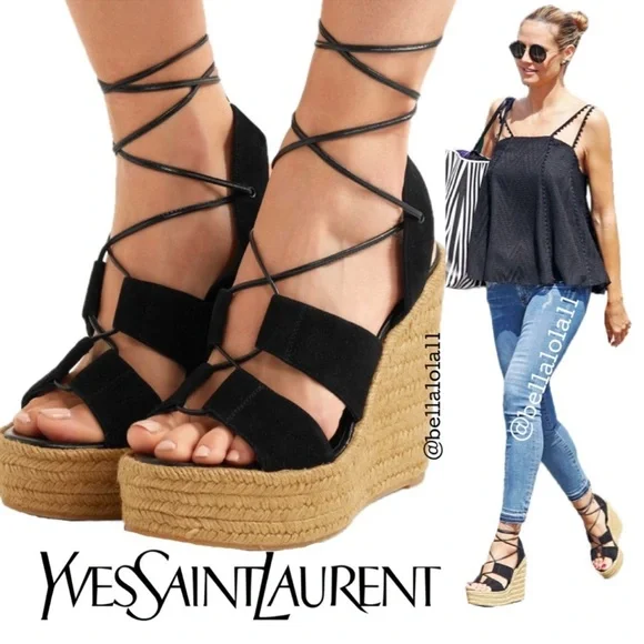 AUTHENTIC YSL SUEDE LACE UP WEDGES - Picture 1 of 14